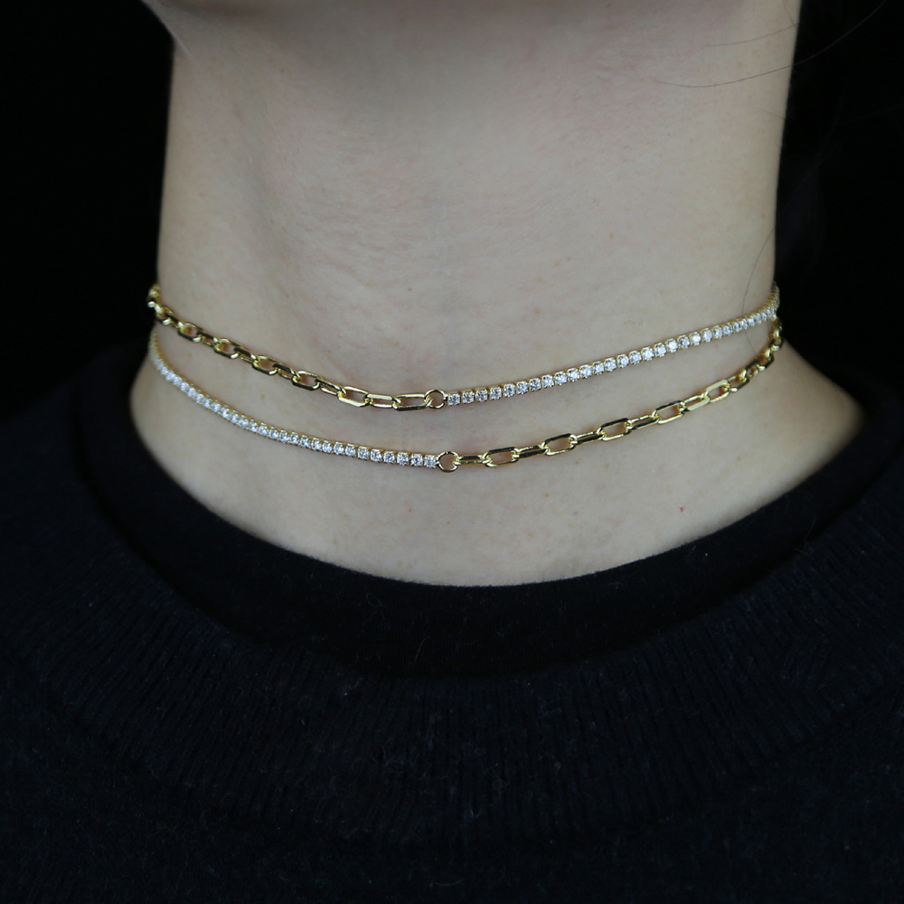 2024 new women chain adjusted size half cz tennis chain half paper clip chain simple necklaces valentines day gift