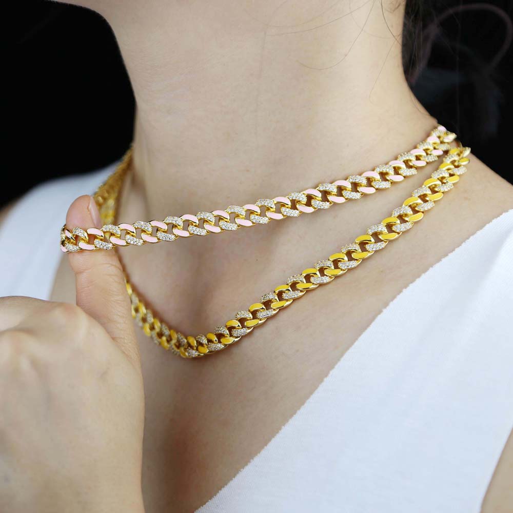 New Arrival Enamel Gold Color Cuban Link Chain Half Enamel Half CZ Cubic Zirconia Cuban Choker Necklace Adjusted Slider Chains for Women