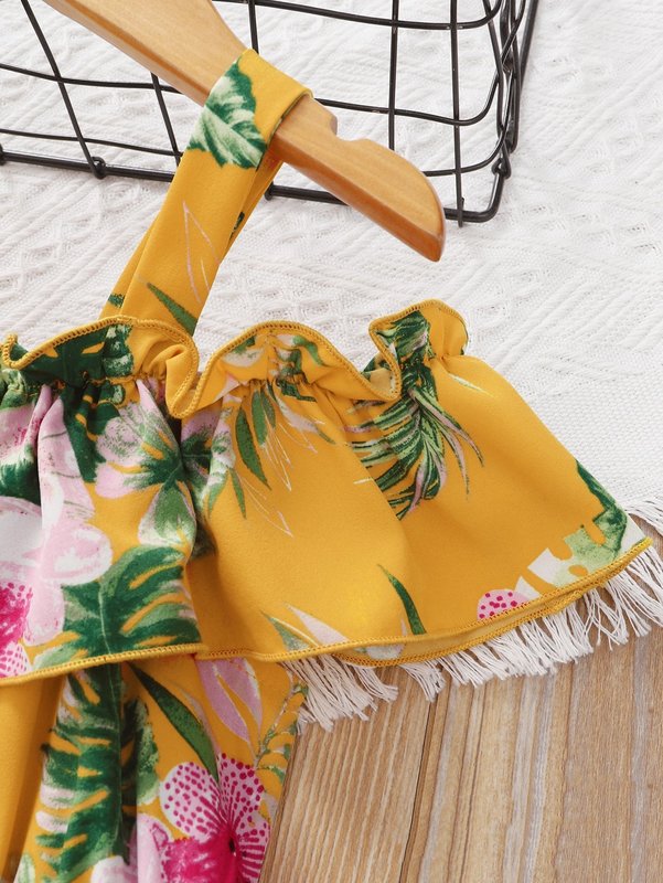 Toddler Girls Tropical Print Cold Shoulder Ruffle Trim Dress SHE