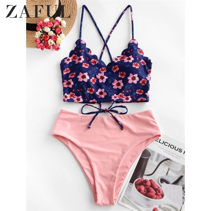 

ZAFUL Floral Scalloped Crisscross High Waisted Tankini Swimsuit Removable Padded Spaghetti Straps Tankini Sets Crop Top Swimwear Y200319, Rose