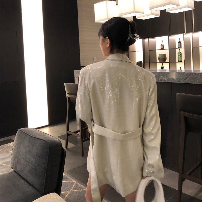 [EAM] Women Beige Sequins Big Size Blazer New Lapel Long Sleeve Loose Fit Jacket Fashion Tide Spring Autumn 1DA501 201201