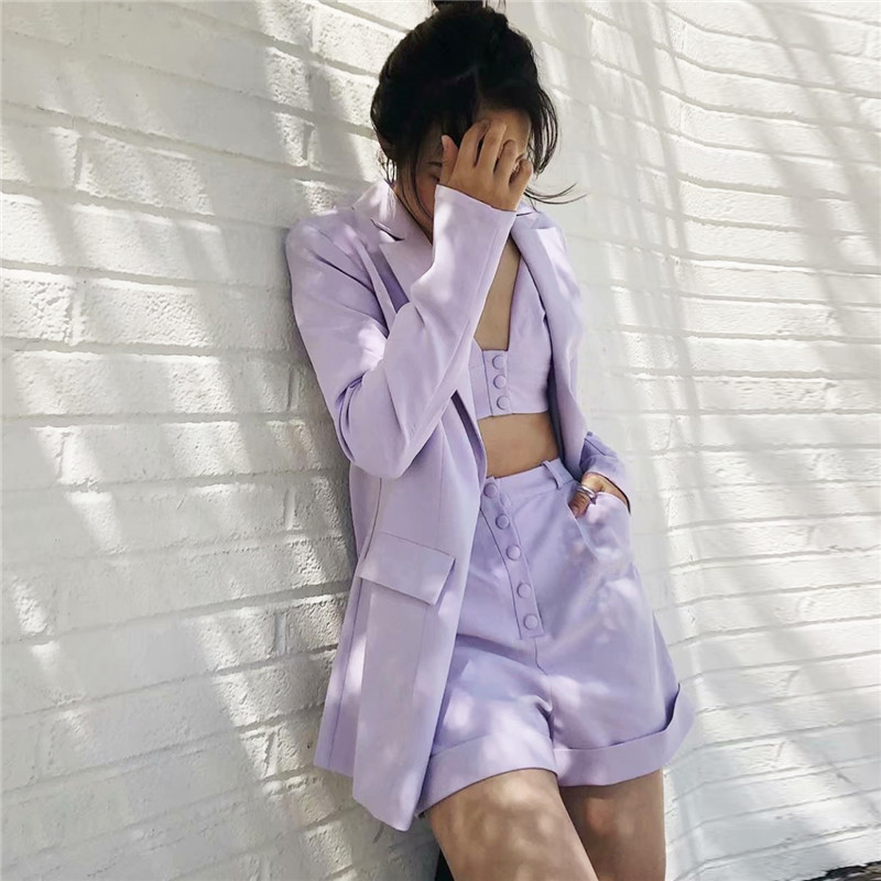 Fashion Three Piece Set Women High Street Solid 3 Piece Set Tops And Shorts Casual Suit Blazer With Sexy Camisole Chic Short 201012