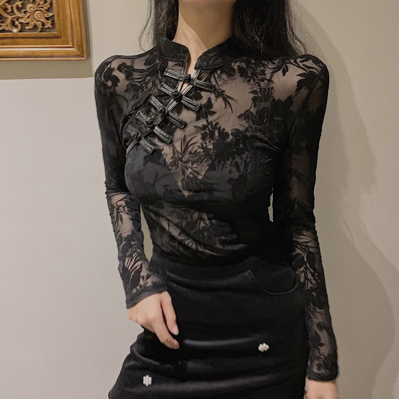 Korean New Style Chic Vintage Perspective Lace Blouse Slim Fit Cheongsam Embroidered Fashion 201126