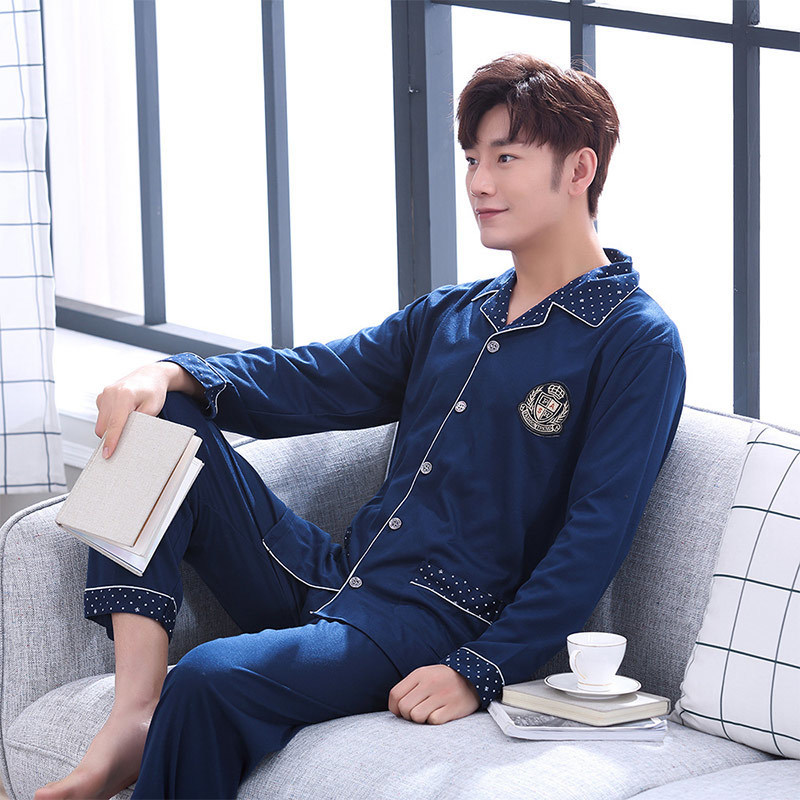 Striped Cotton Men's Long Sleeve Pyjamas Set Spring Turn Down Blue Male Nightwear Pants Pajama Sets Korean Sleepwear Suits 201111