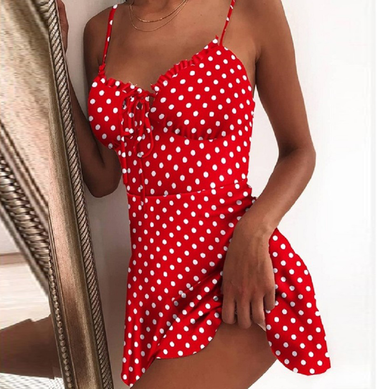 Women Summer Off Shoulder Polka Dot Print Mini Dress Elegant Tie Front V Neck Party Dress Sleeveless Spaghetti Strap Dress T200603