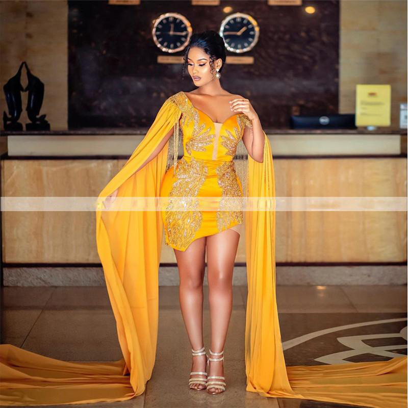 Sexy Gold Prom Dress Off the Shoulder With Long Cape Tassel Evening Party Dress Short Cocktail Dress