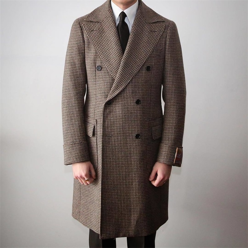 British Style Men Suits Houndstooth Custom Made Windbreaker Double Breasted Tuxedos Peaked Lapel Blazer Business Long Coat