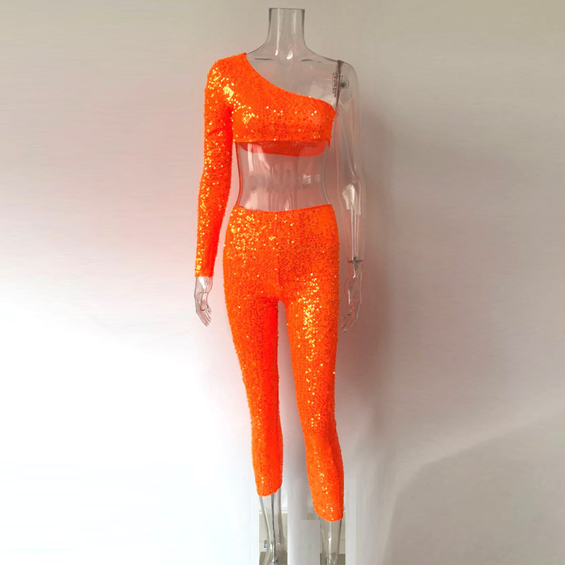 Shiny Orange Sequins Two 2 Piece Set One Shoulder Slope Long Sleeve Crop Top Mid-Calf Pencil Pants 2 Pcs Outfits Party Clubwear T200810