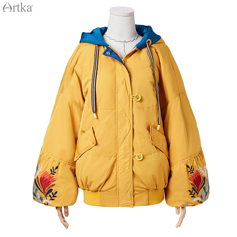 ARTKA New Women Winter Jacket Vintage Embroidery Short Thicken Warm Coat Oversize Lantern Sleeve Hooded Outwear MA15092D 201017