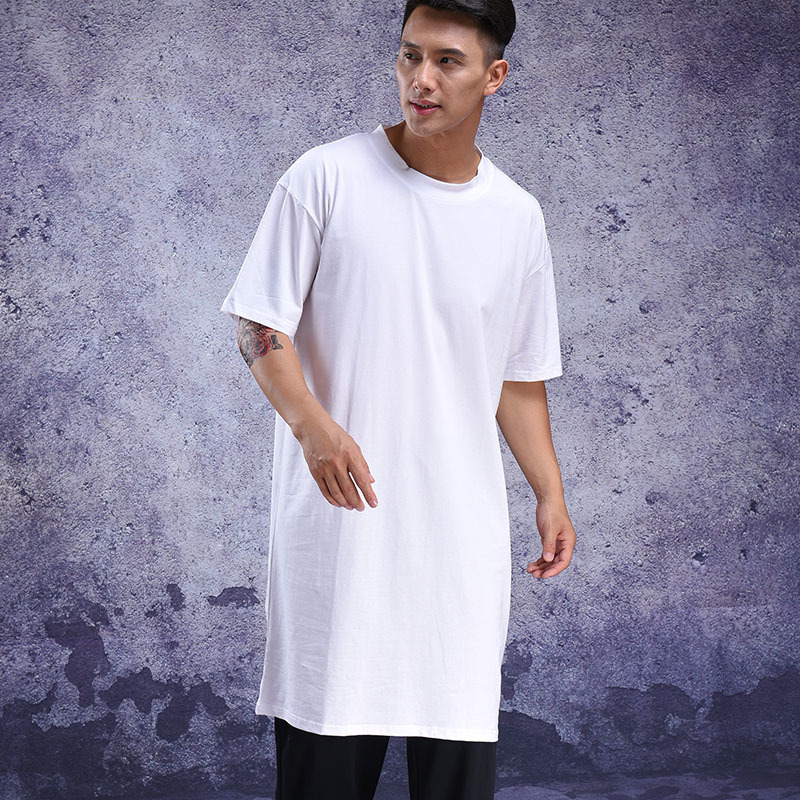 Summer wear personality long halfsleeve tshirt bottom shirt shortsleeve loose over the knee men 201203