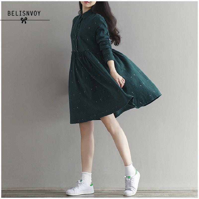 Autumn Women Dresses Turn-down Collar Character Long Sleeve Casual Loose Vestidos Femininos Corduroy Green Vintage Dress T200416