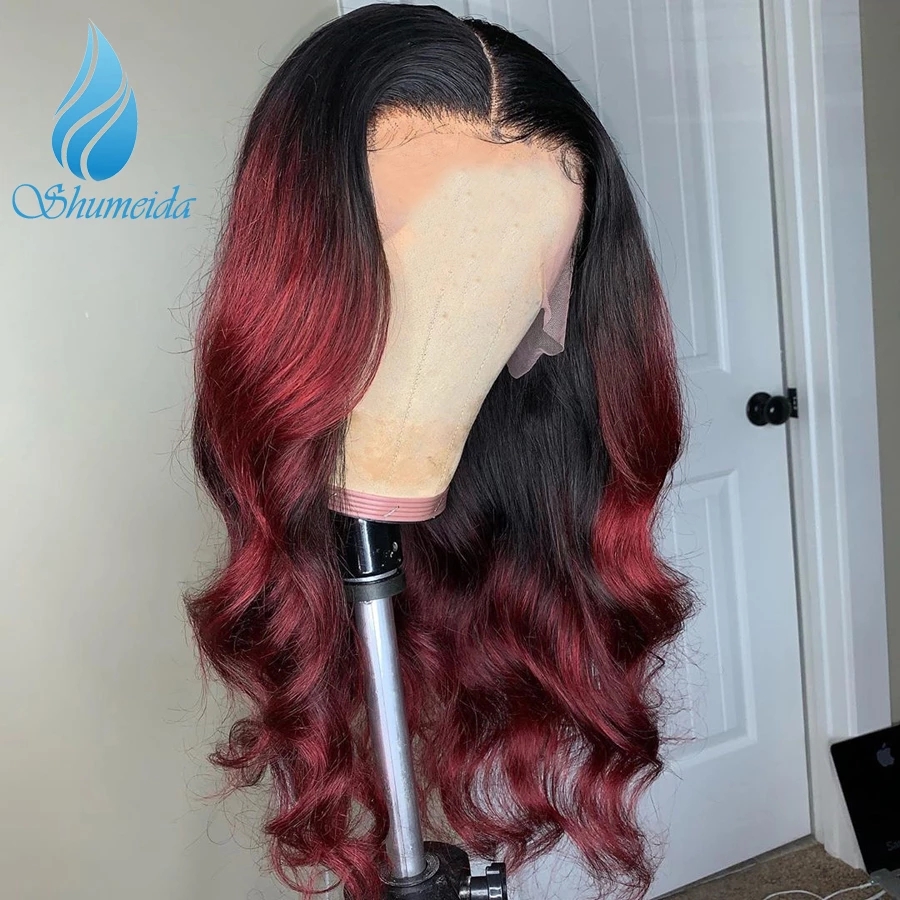 Long middle part Ombre Red 13*4 brazilian full Lace Front Wig Body Wave synthetic Wigs With Baby Hair PrePlucked Hairline