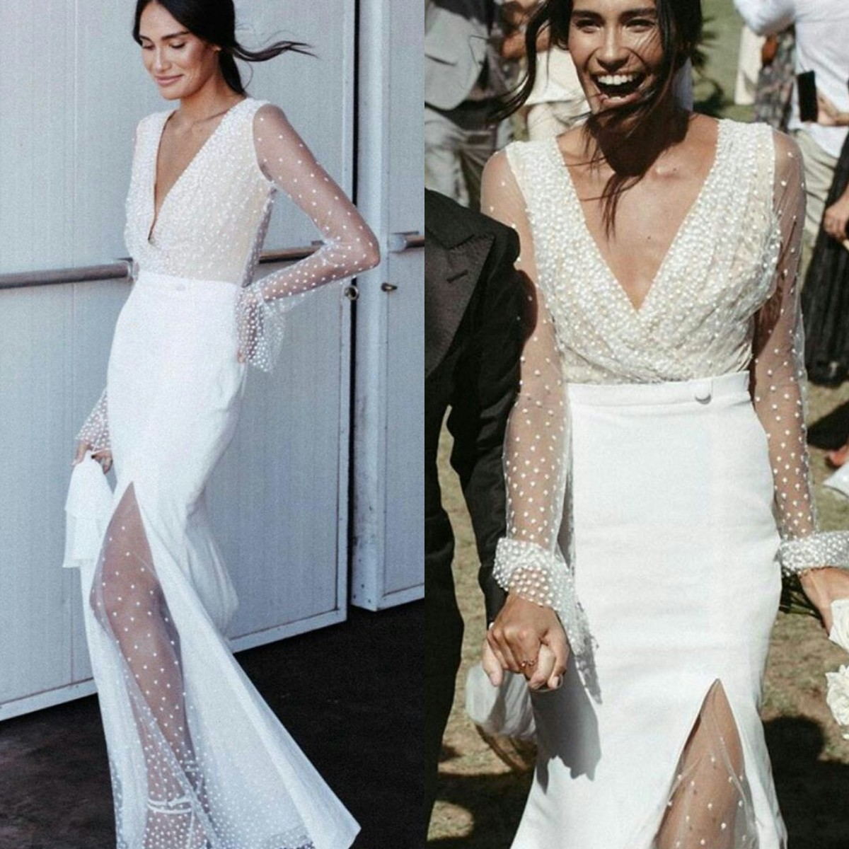 2021 Sexy Arabic Mermaid Wedding Dresses Illusion Deep V Neck Long Sleeve Side Split Beach Bridal Gowns Vestidos de novia