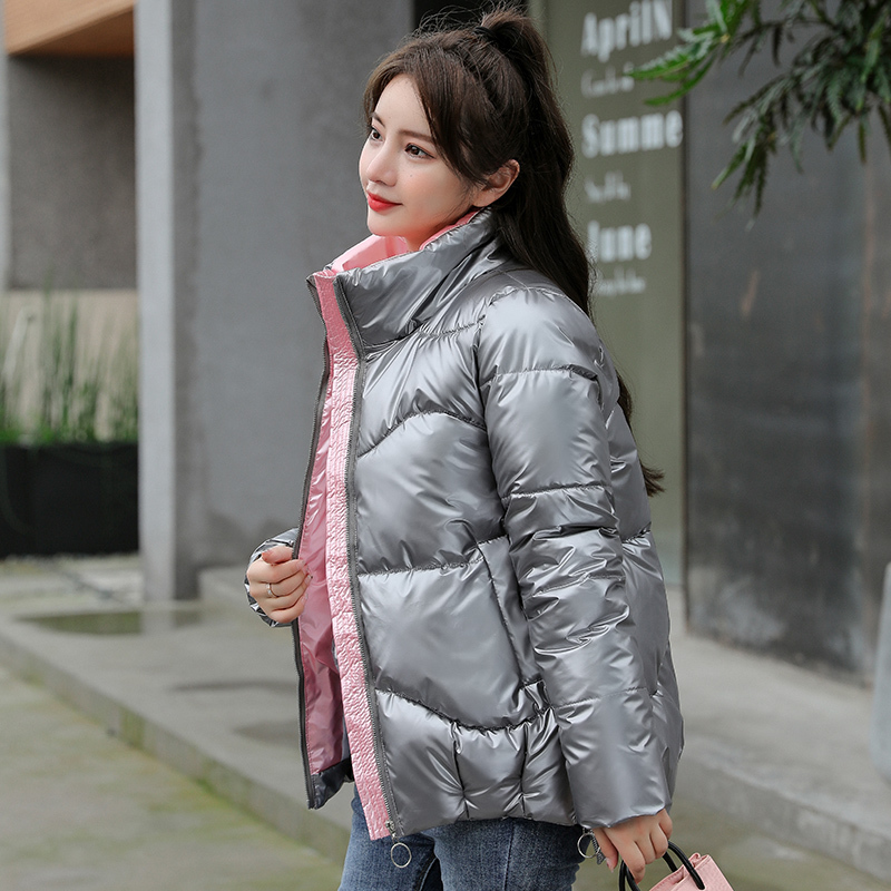 New Short Glossy Parka Winter Jacket Women Fashion Stand Collar Parka Coat Female Office Lady 201019
