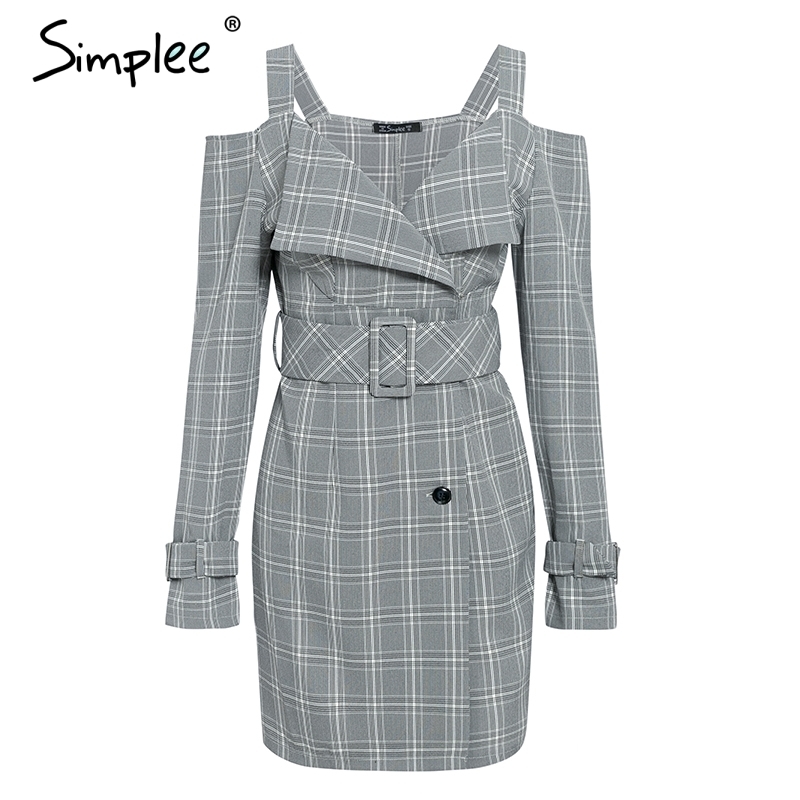 Vneck plaid sash belt women dress Spaghetti strap button office ladies dress Autumn winter female short party dress T200106