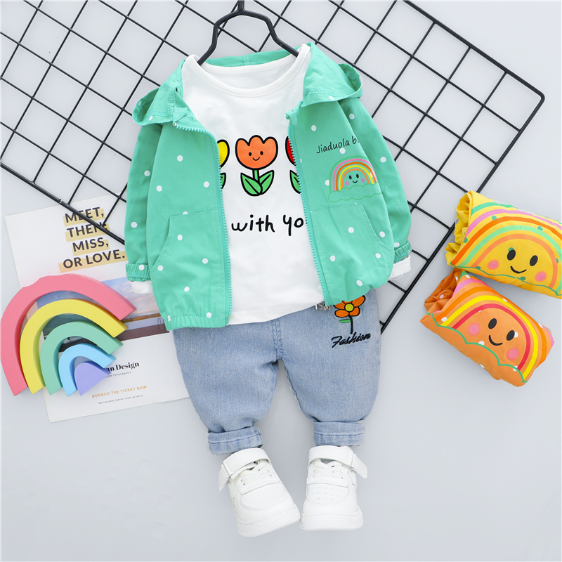 HYLKIDHUOSE Baby Girls Clothing Sets 2020 Autumn Hooded Coats Flowers T Shirt Jeans Infant Newborn Clothing Children ClothesX1019