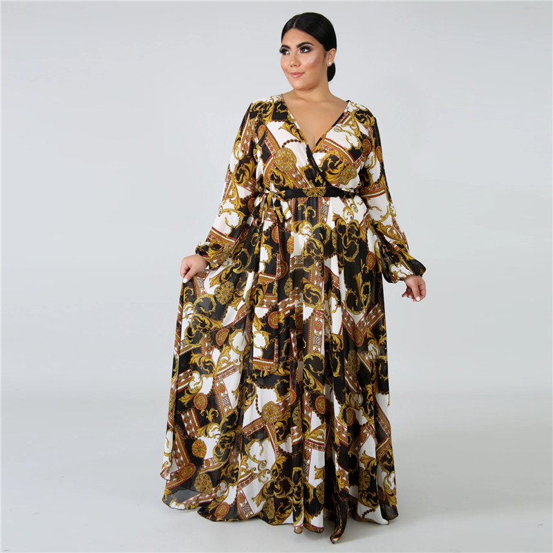 Plus size 3XL 4XL 5XL Summer Women bigger size one-piece dress long sleeve maxi dress sexy loose print dresses Bohemian long skirts 4352