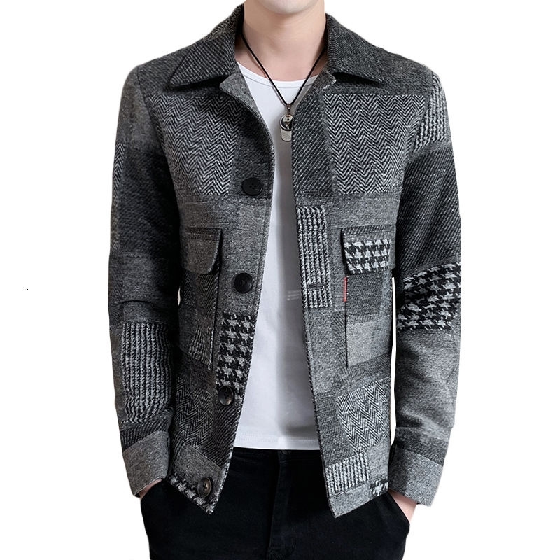 Fashion Warm Long-sleeved Plaid Gentleman Pockets Coat Jacket Korean Casual Men's Stitching Jacket Fashion Slim Fit Jacket 201223