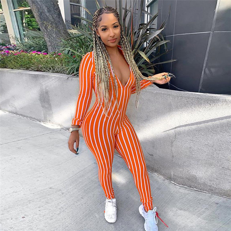 BOOFEENAA Sexy Striped Deep V Long Sleeve Bodycon Jumpsuit Women Clothes Spring Rompers One Piece Club Outfit C87-AE15 T200509