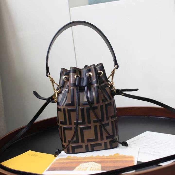 

Women's Bucket Bag 2F Brown leather Mini Buckets Bags comes with a drawstring and metal embellished in black hand-painted raised pattern, Khaki