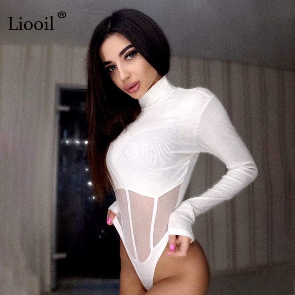 Liooil Black White Sheer Mesh Bodysuit Tops For Women Sexy Club Outfits Long Sleeve Turtleneck Bdycon Party Jumpsuit Club Romper T200323