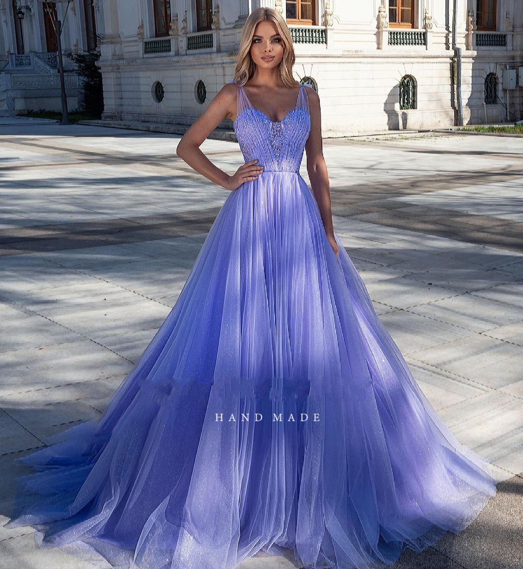 Lavender Sparkling Tulle Prom Dresses Spaghetti Straps Appliqued A-Line Evening Party Gowns Open Back Formal Vestidos Longo Robe De Soiree 2022