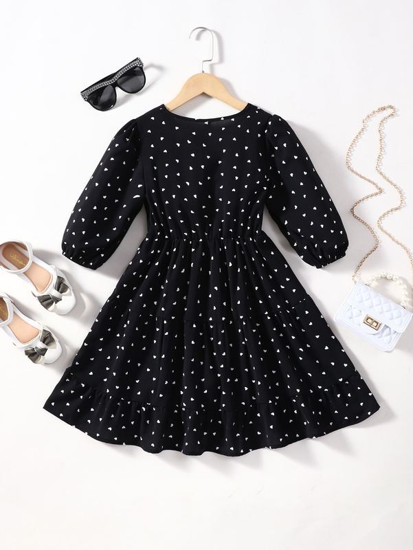 Girls Confetti Heart Print Lantern Sleeve Dress SHE