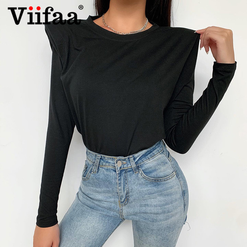 Viifaa Black Cotton T Shirt with Shoulder Pad Women Autumn Long Sleeve Tshirts O-Neck Elegant Office Ladies Tops 201125
Viifaa Black Cotton T Shirt with Shoulder Pad Women Autumn Long Sleeve Tshirts O-Neck Elegant Office Ladies Tops 201125
