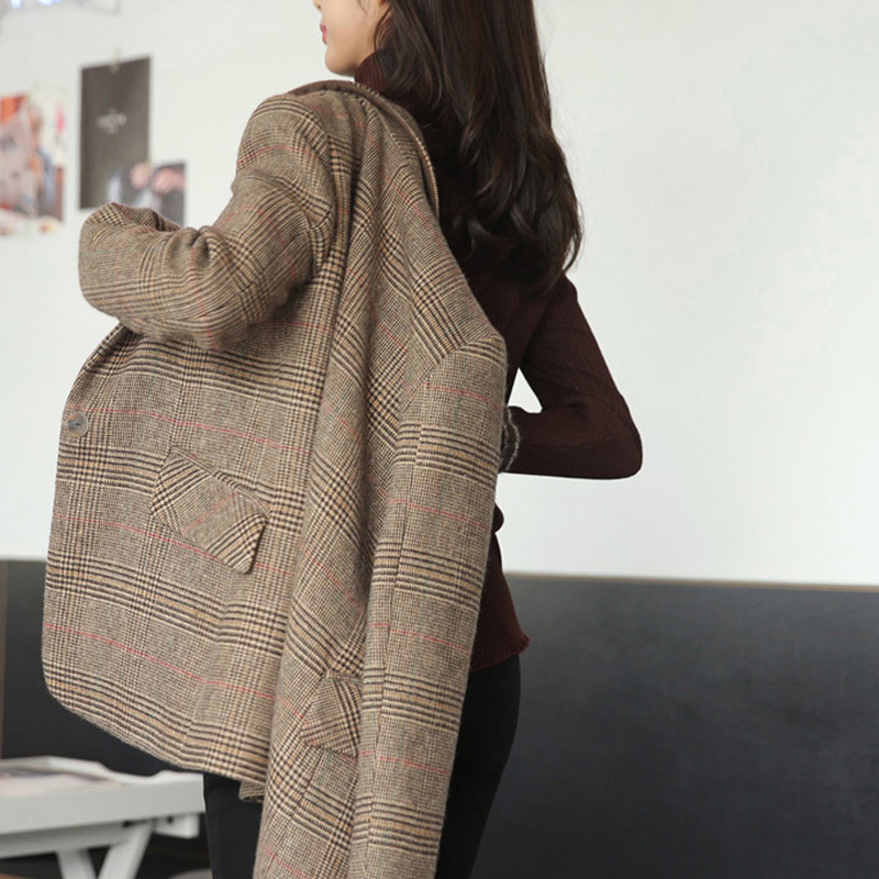 Women Blazers And Jackets Spring Autumn Fahion Plaid Single Button Long Sleeve Casual Short Coats Famale Pockets Outwear 201114
