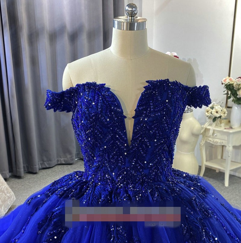 2024 New Royal Blue Ball Gown Quinceanera Dresses Off the Shoulder Beads Pearls Tulle Sixteen Dress Lace Up Puffy Gowns vestido corto para fiesta vest