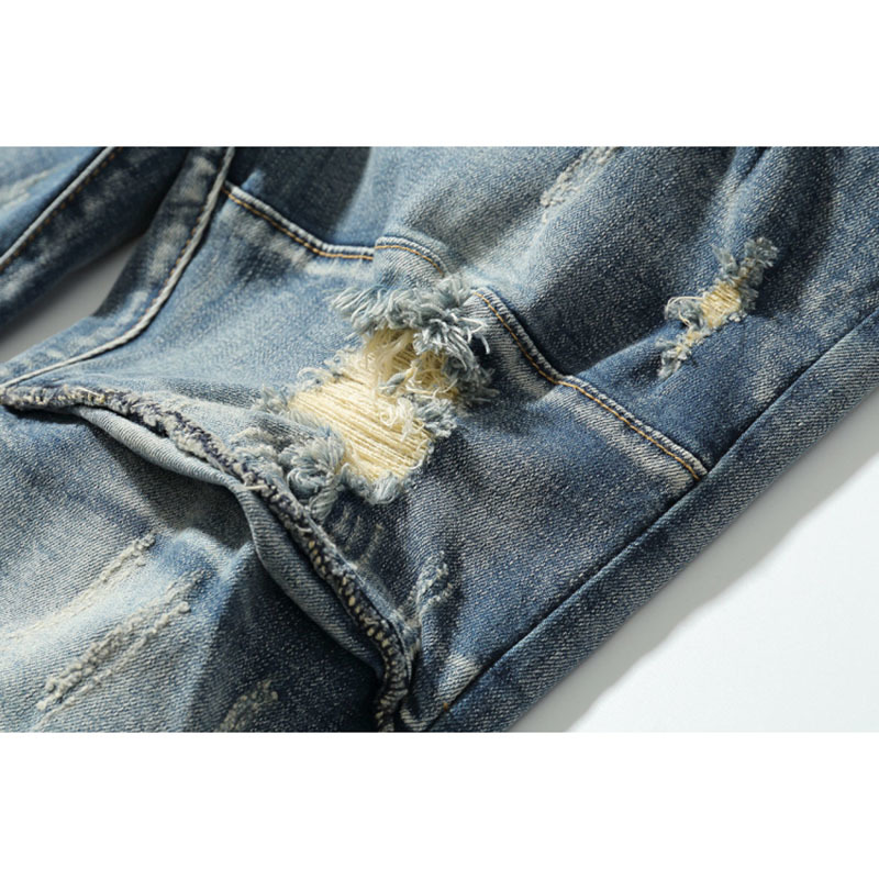 Distressed Ripped Slim Fit Jeans Mens Washed Destroyed Skinny Denim Pants Fashionable Streetwear Blue Hole Biker Jean for Men 201223