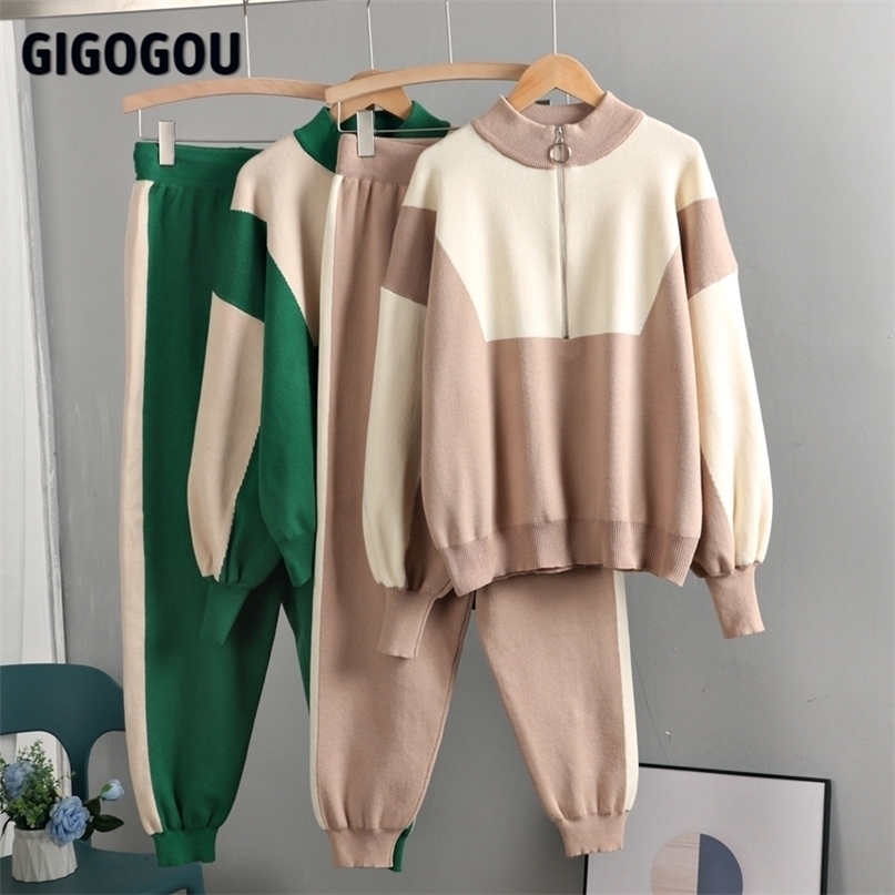GIGOGOU Color Block Women's Tracksuit Knitted Harem Pant Set Woman 2/Two Pieces Winter Autumn Sportwear Clothes Suits 220315