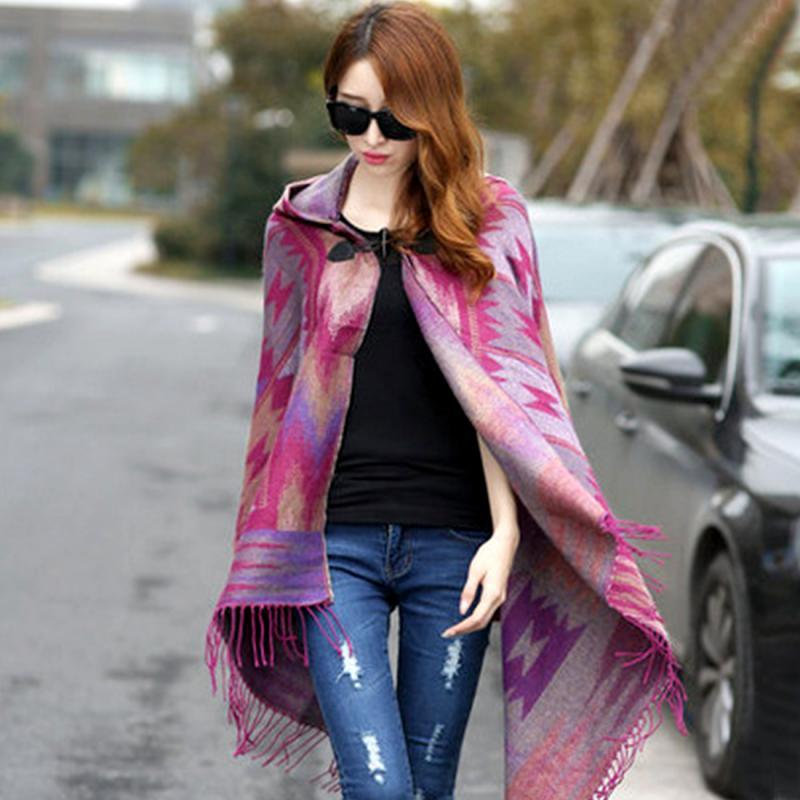 Stylish Women Boho ethnic printed Hoodie Cape Poncho Acrylic Wool Shawl Scarf Fashion Girls Sweater Fringe Hooded Wraps