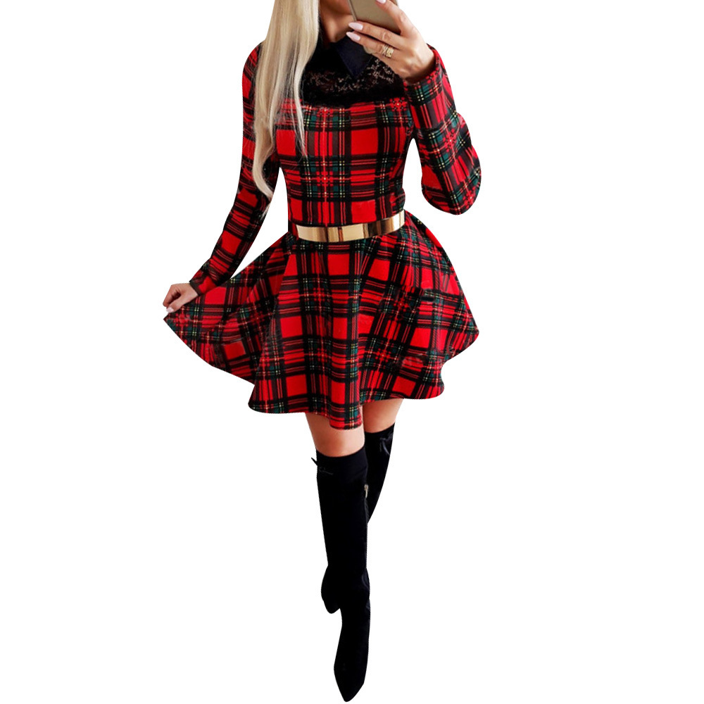 Christmas Dress For Women Winter Xmas Red Plaid Dress Long Sleeve Scottish Plaid Slim Dress Plaid Mini Party Dresses D30 201125