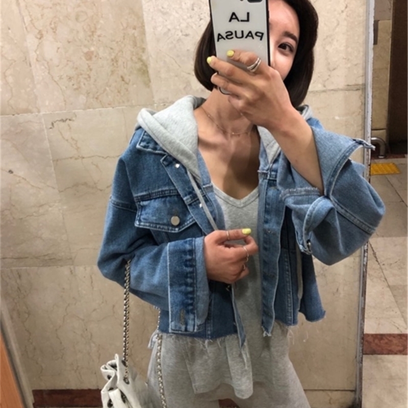 Colorfaith New Autumn Winter Women Denim Jackets Patchwork Hooded Outerwear High Street Oversize Wild Short Jeans JK8929