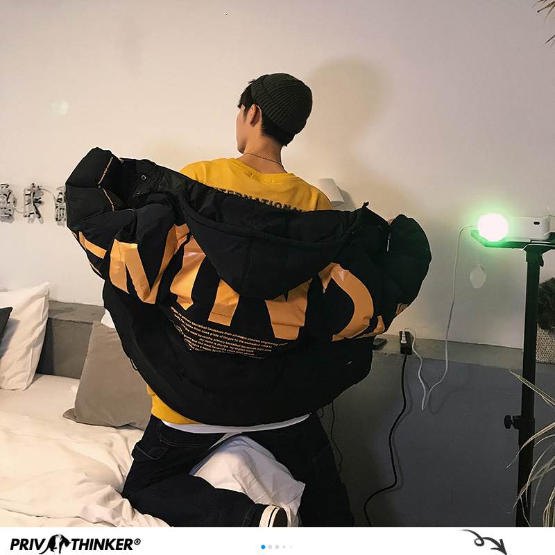 Privathinker Red Letter Printed Men Winter Parka Korean Man Oversized Parka Coats Harajuku Black Casual Jacket Windbreaker 201026