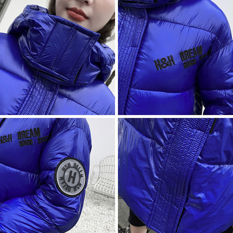 New Fashion Letter Epaulet Long Glossy Parka Coat Warm Thicken Winter Jacket Women Big Pocket Stand Collar Parka 201029
