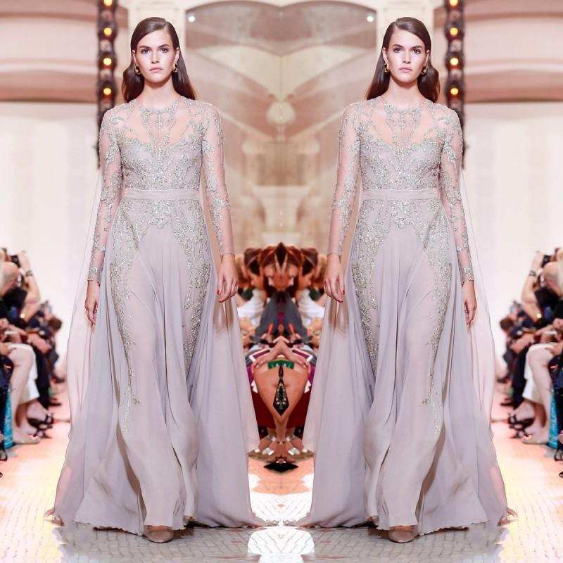 Elegant Chiffon Formal Prom Dresses Jewel Neck Beads Lace Applique Long Sleeve 2020 Prom Dress Sexy Floor Length Evening Gowns Women Dresses