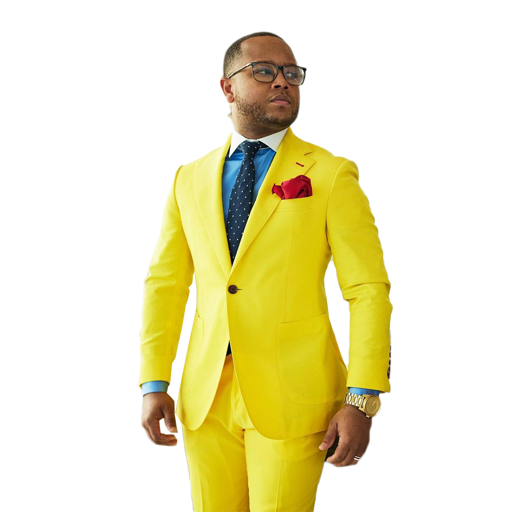 Plus Size Summer Tuxedos Bright Yellow One Button Mens Pants Suits Groom Wedding Prom Party Blazer Coat (Jacket+Pants)