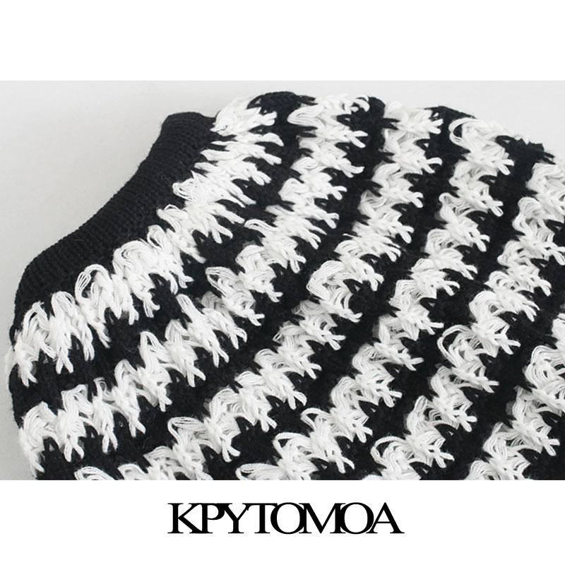 KPYTOMOA Women Fashion Striped Cropped Knitted Sweater Vintage V Neck Lantern Sleeve Female Pullovers Chic Tops 201017