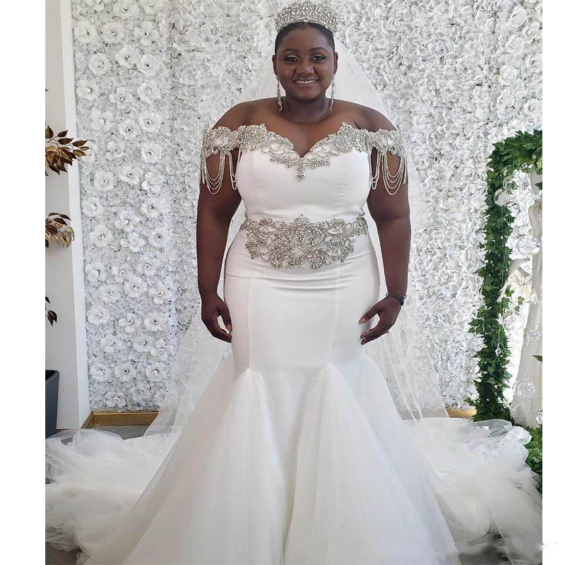 Size Attractive Plus Beaded Mermaid Wedding Dresses Off The Shoulder Neck Crystals Bridal Gowns Sweep Train Tulle Robe De Marie