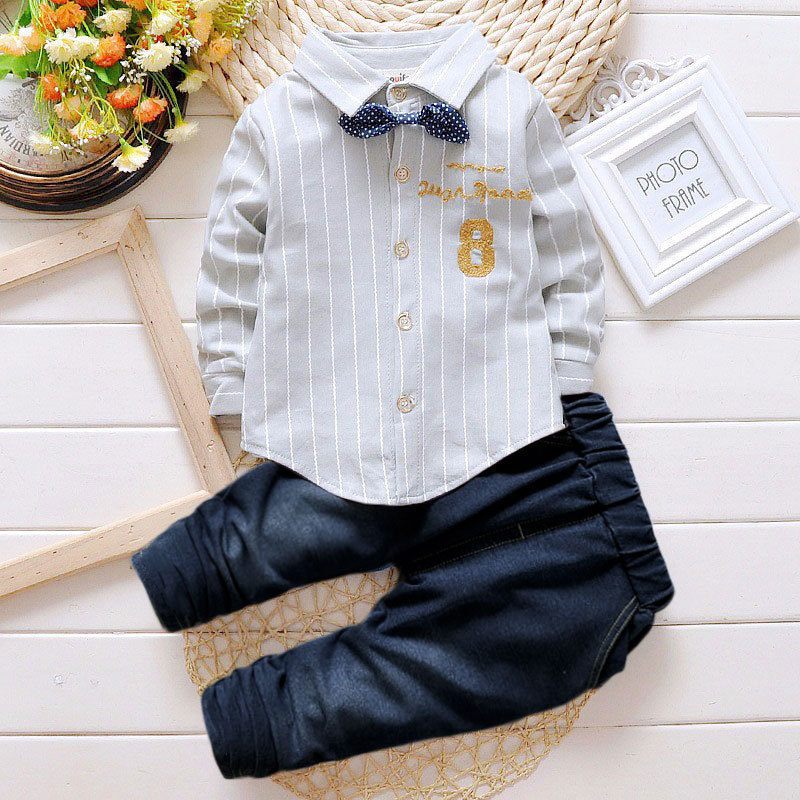 Boys Clothes Suit Number 8 Long Sleeve Shirt Jeans 2-piece Set Striped Top Pants Children's Clothing Set For Baby 2-5 Years 201031