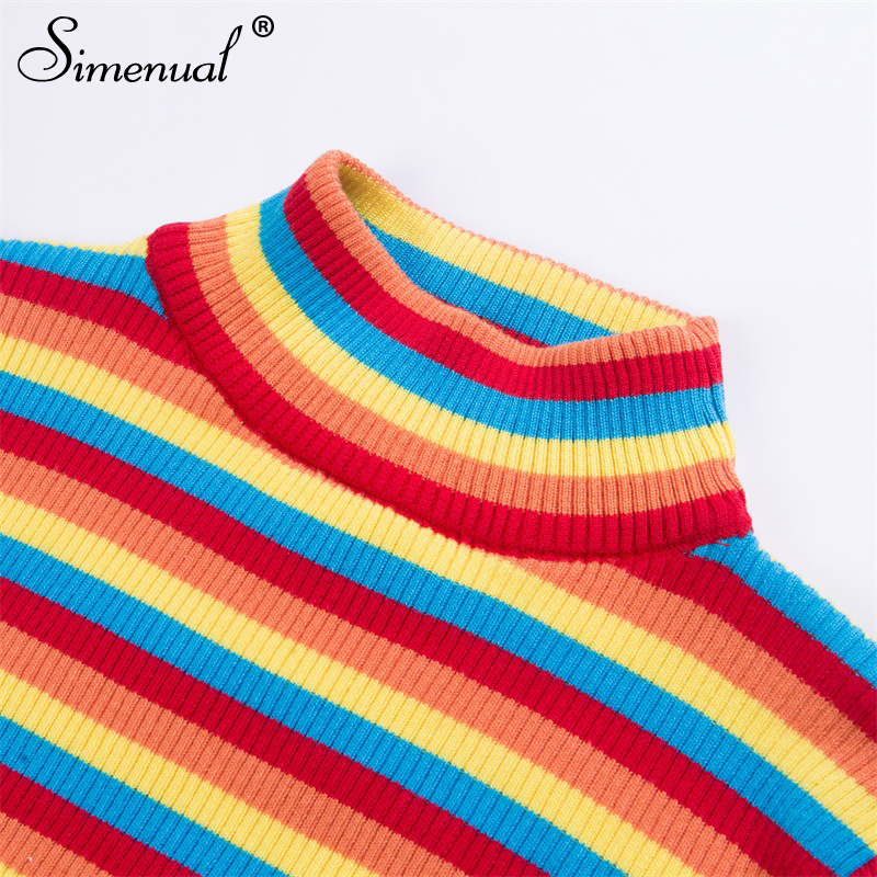 Simenual Rainbow stripes sweater jumper knitwear fashion slim sexy women's turtlenecks sweaters and pullovers colorful pull T200319