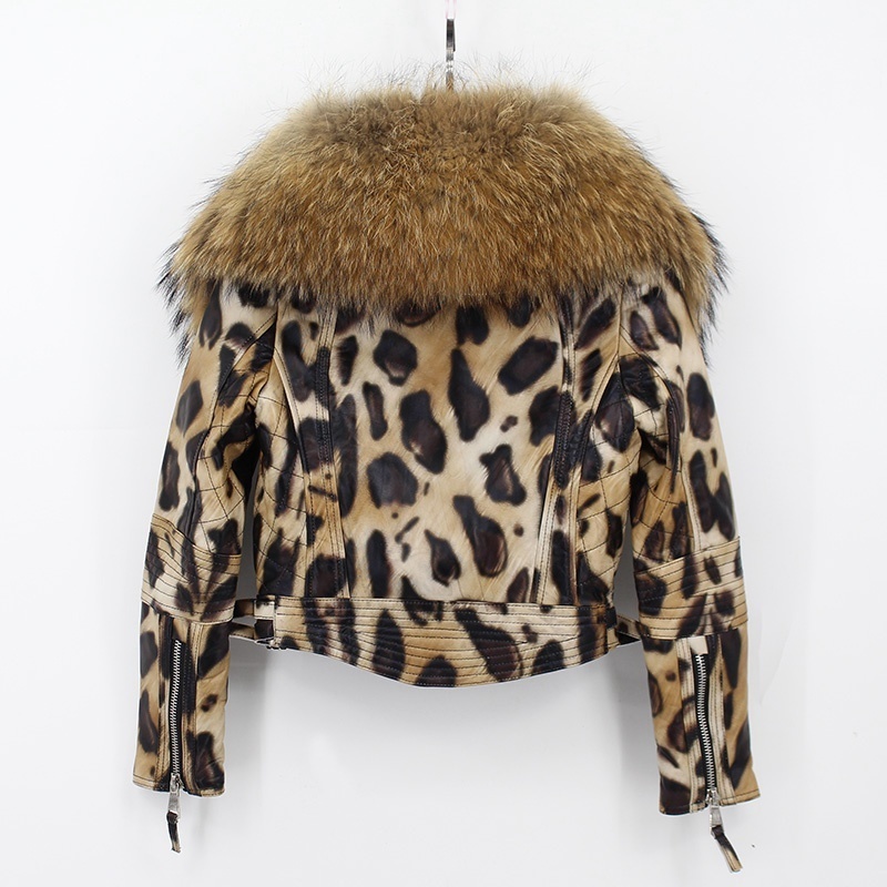 natural sheep leather jacket big fur collar leopard color new fashion high quality 100% genuine sheepskin wintershort coats 201103
