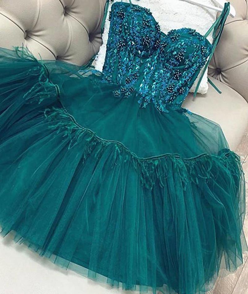 Newest 2021 Sweetehart Spaghetti Straps Homecoming Dresses Beaded Zipper Back Tulle Short Prom Dress Graduation Party Cocktail Gowns