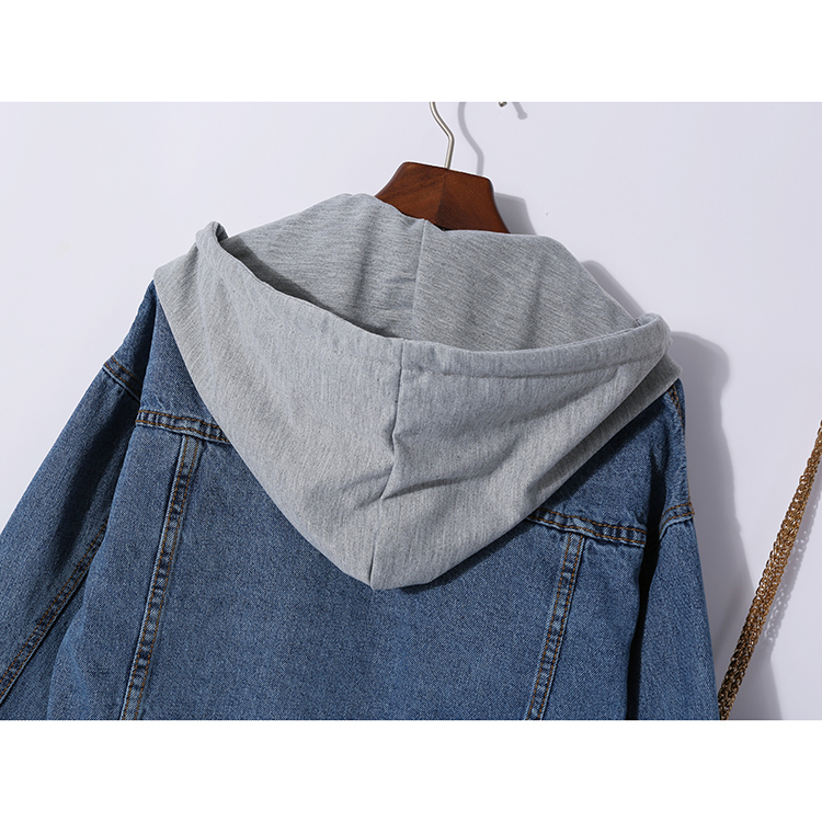 Flectit Women Jean Jacket Hooded Denim Jacket with Removable Grey Hood Oversized Jacket Coat Harajuku Street Styel 201017