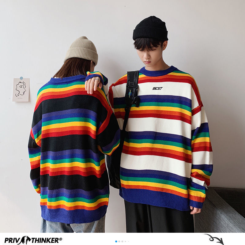 Privathinker Harajuku Autumn Men's Knitted Sweaters Korean Men Rainbow Striped Pullovers Women Casual Oversized Sweater Top 201028