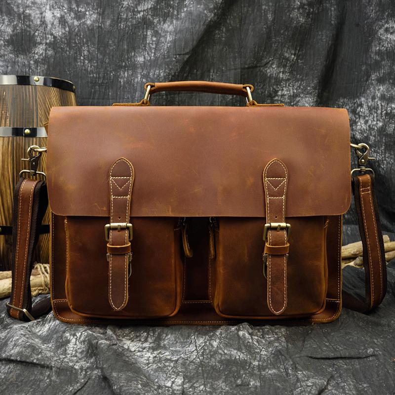 

Crazy Horse Leather Men's Laptop Briefcase 15.6" Cow Leather Business Bags Brown Real Work Tote Messenger Bag Male Bag, Light brown