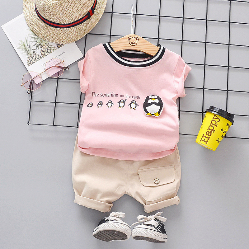 Penguin Pattern Kids Short Sleeve Suit Baby Boys Girls Clothing Sets Children's T-shirts+Shorts 2Pcs Boy Girl Clothes Cute KidsX1019