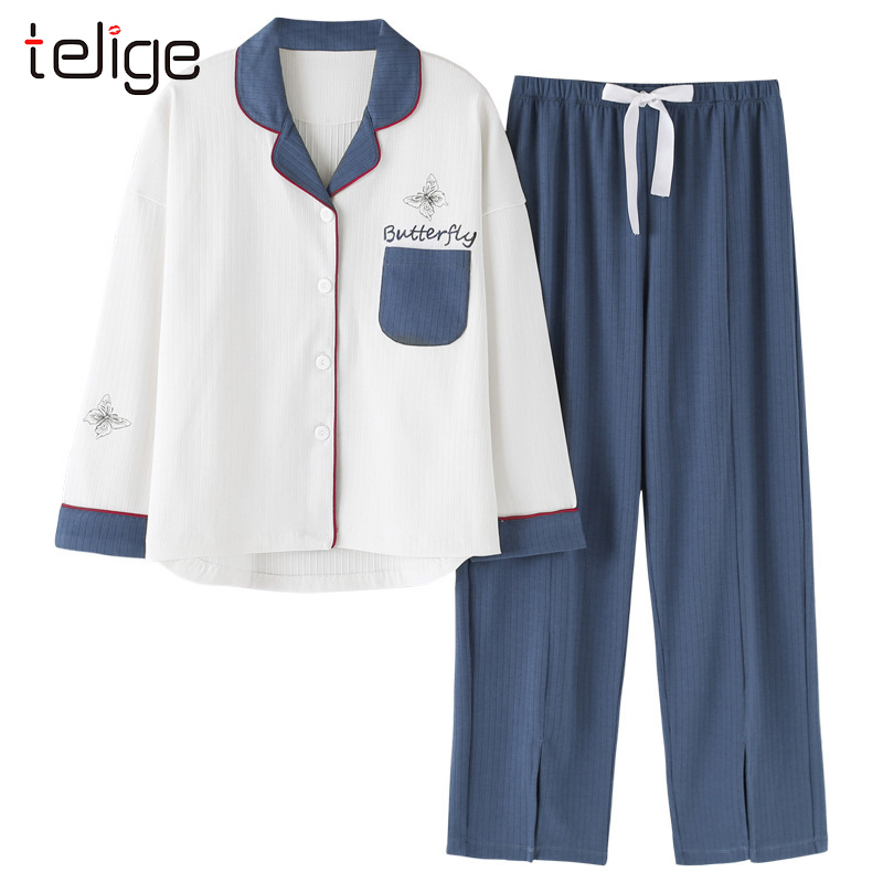Pajamas for Women Cotton Autumn pijama Winter Long Sleeves pyjamas women Pocket Cardigan home clothes Top and Pants Sleepwear 201027